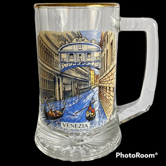 Vintage Venice Venezia Italy Glass Beer Stein Mug Cup Gondola Canal Scene - Picture 1 of 12